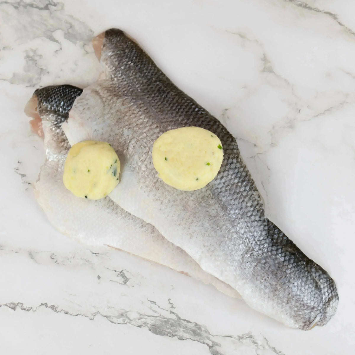 Sea Bass Portions with Garlic and Herb Butter (2 x 115g - 155g) - The Cornish Fishmonger