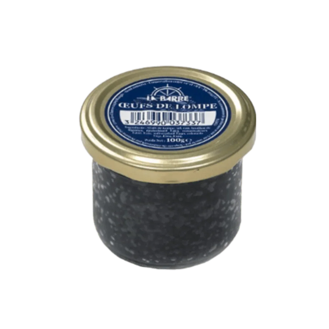 Jar of black lumpfish roe with gold lid and blue label on a white background