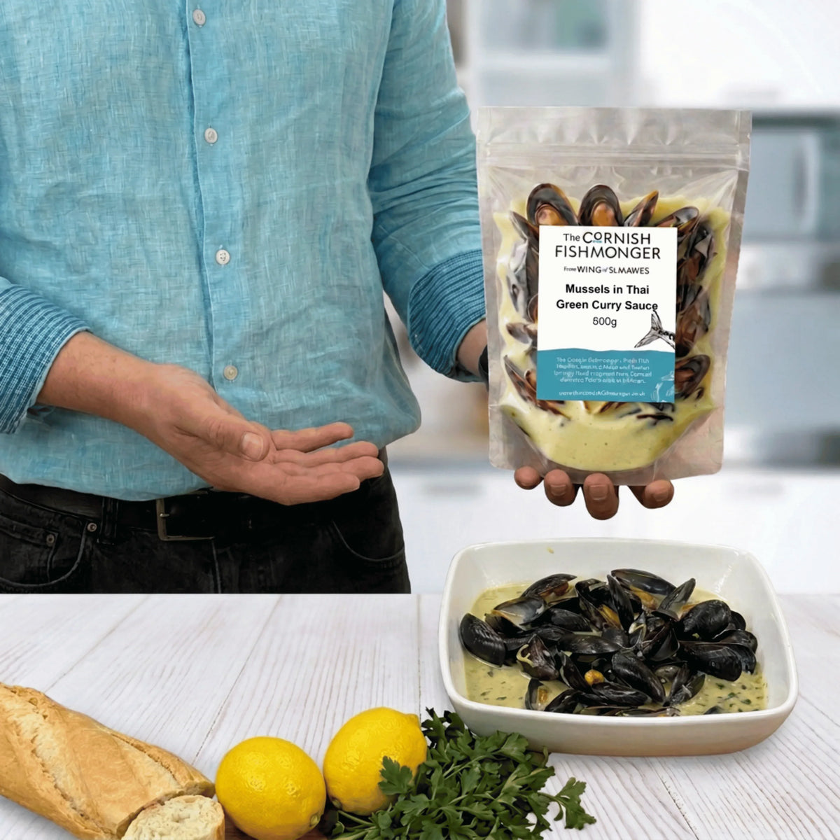 Mussels in Thai Green Curry Sauce from The Cornish Fishmonger in pack and serving dish.