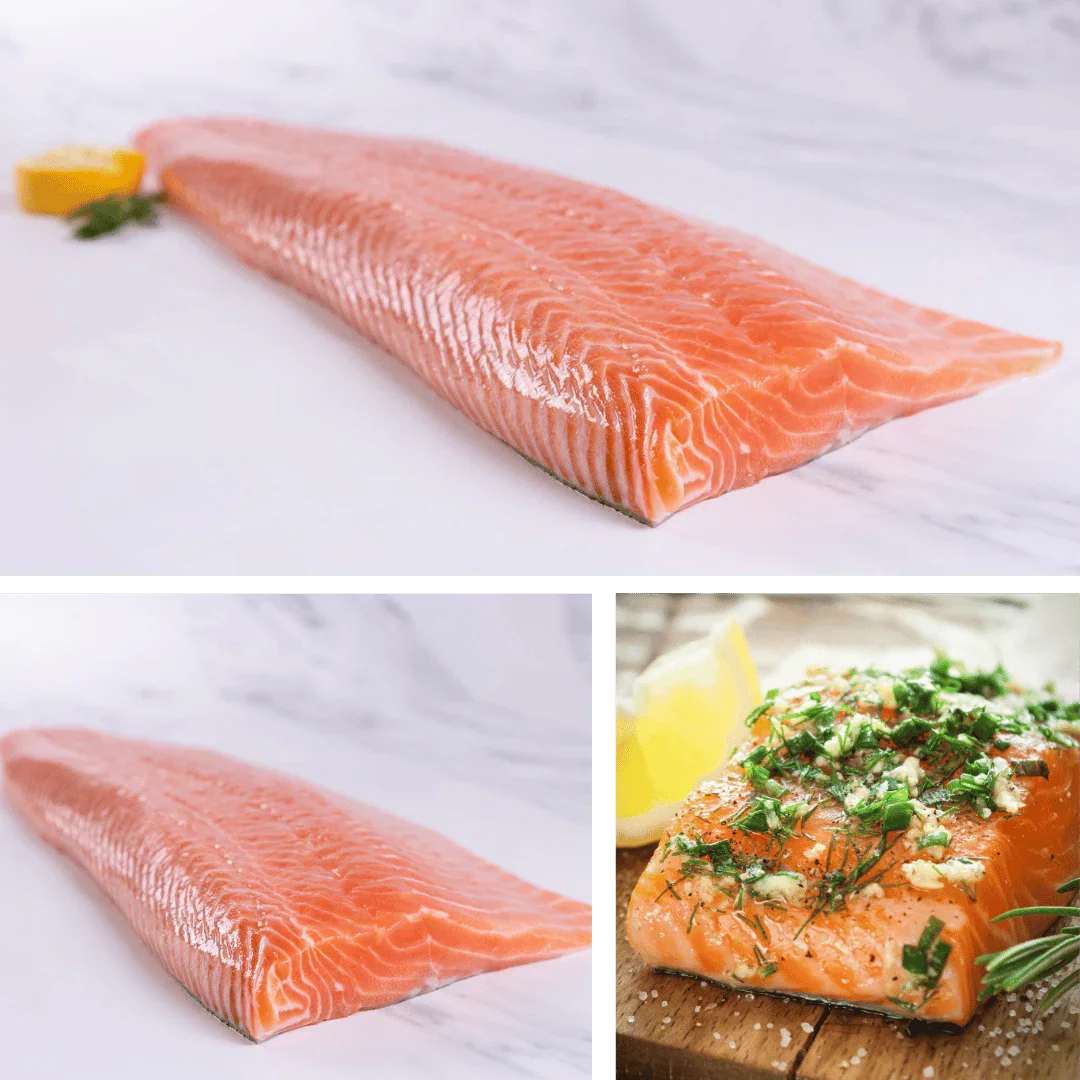 Fresh raw salmon fillet and seasoned salmon portions on white and wooden surfaces