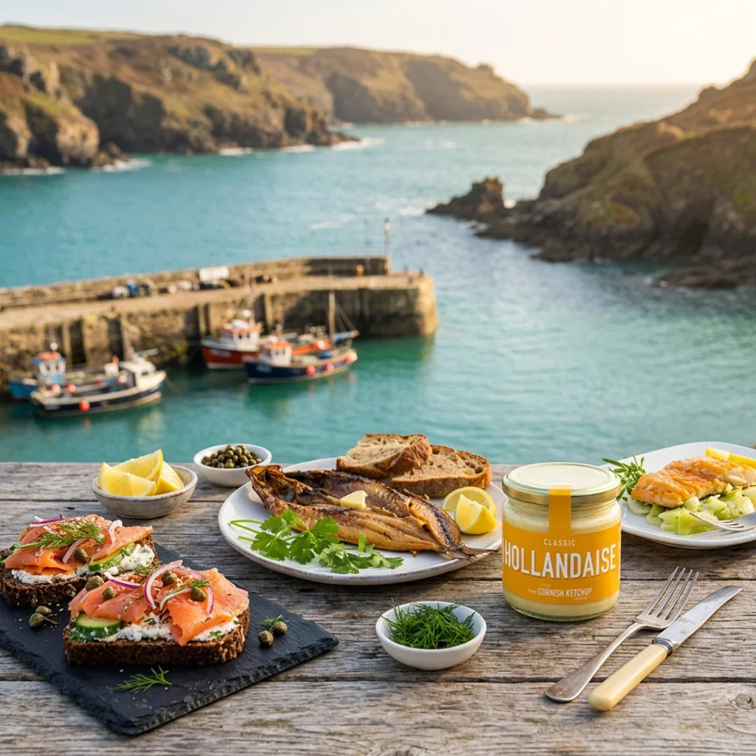 Smoked fish breakfast box with salmon toast and mackerel by a Cornish harbor view.