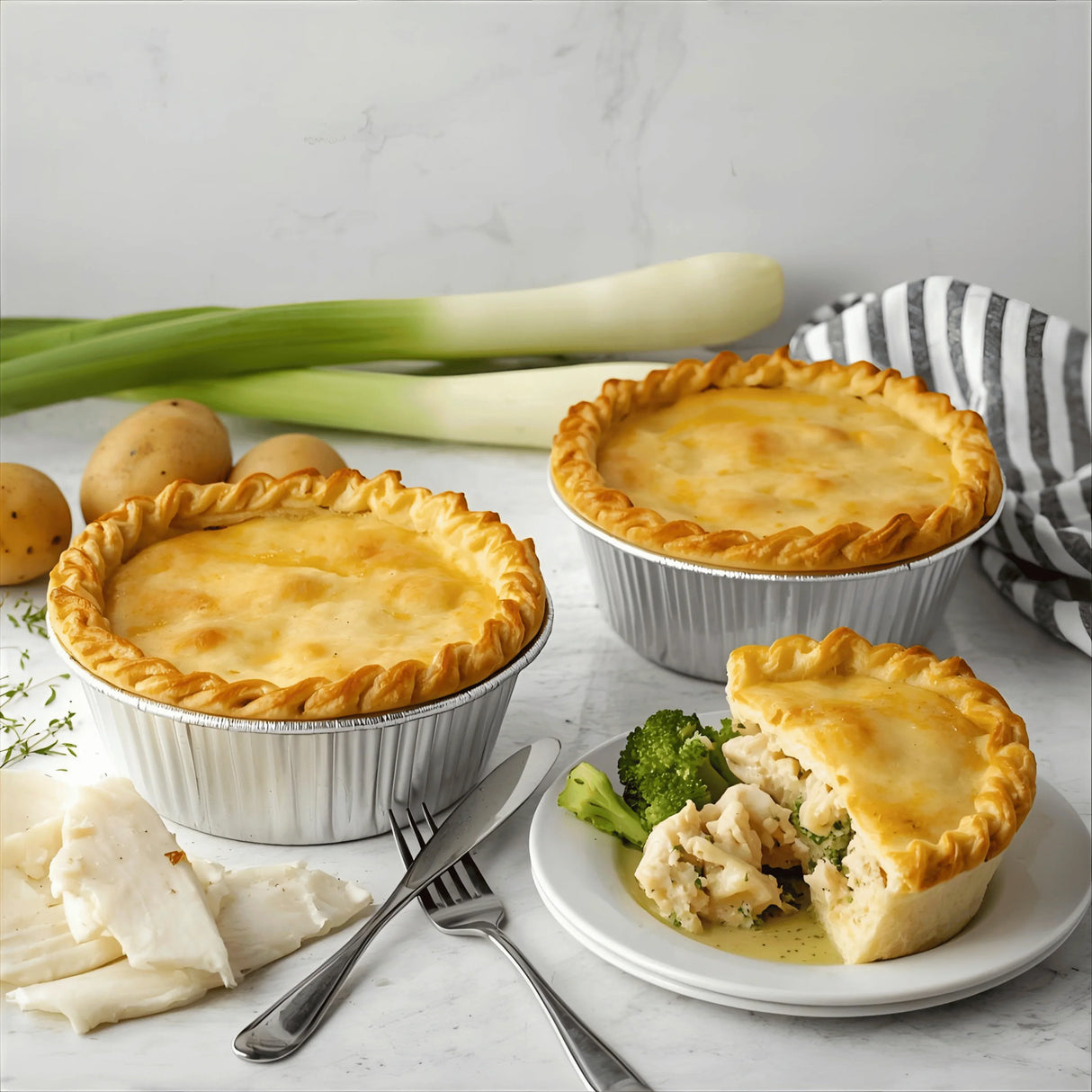 Golden crusted fish pies in tins with a serving of creamy fish pie and broccoli on a plate