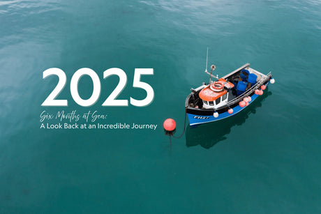 Fishing boat FH27 on calm sea with text '2025 Six Months at Sea' journey reflection