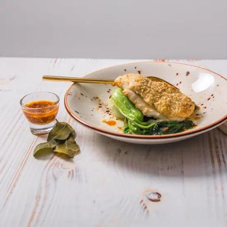 BRILL WITH SESAME PRAWN CRUST, STEAMED BOK CHOI, LIME AND HOISIN DRESSING - Fish For Thought