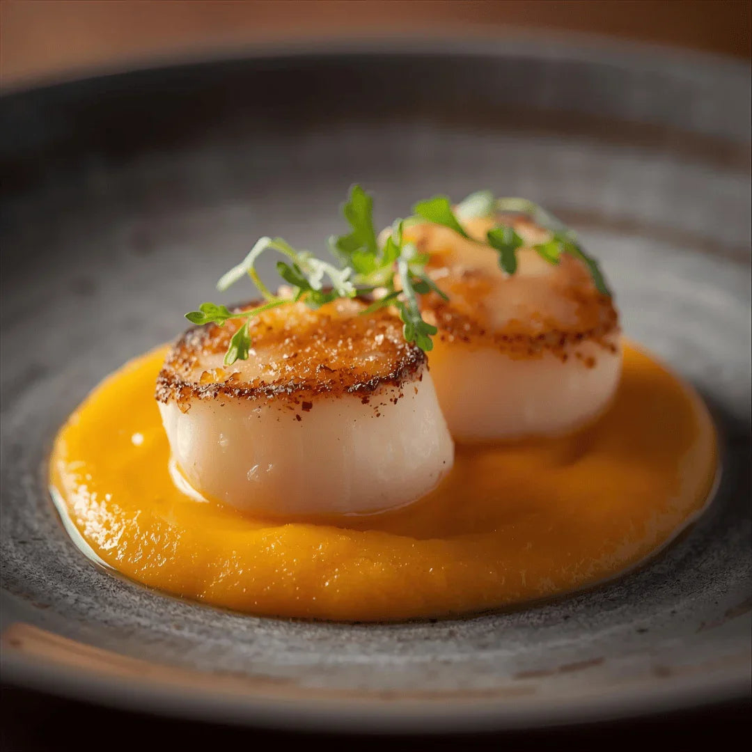 Seared scallops with chili glaze on creamy vegetable puree, garnished with microgreens.