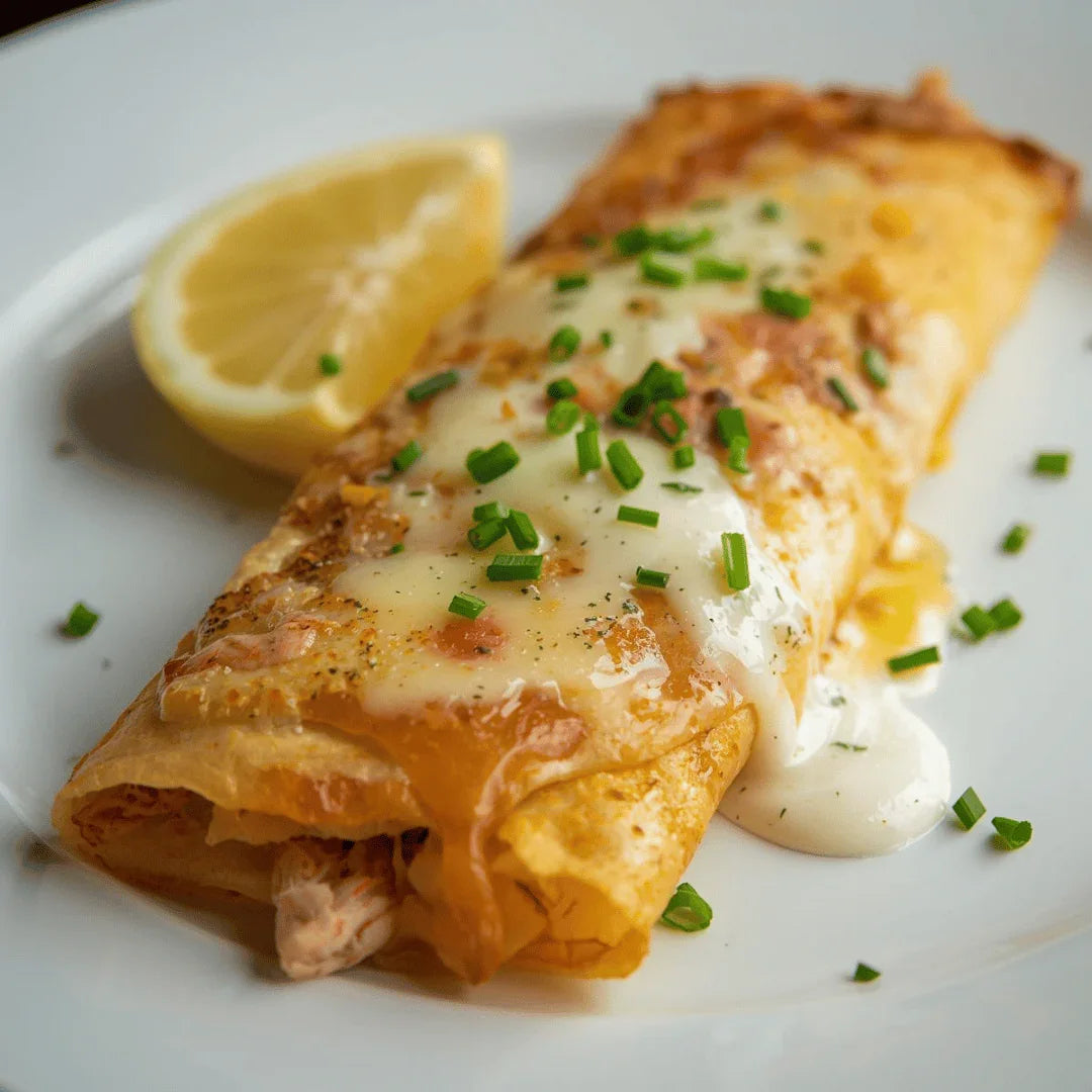 Crab and cheese pancake topped with melted cheese and chives, served with a lemon wedge