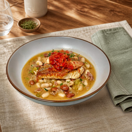 Pan-fried gurnard fillet with white beans, ham, and red pepper relish in a grey bowl.