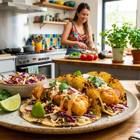 Hake Fish Tacos with Pickled Onions