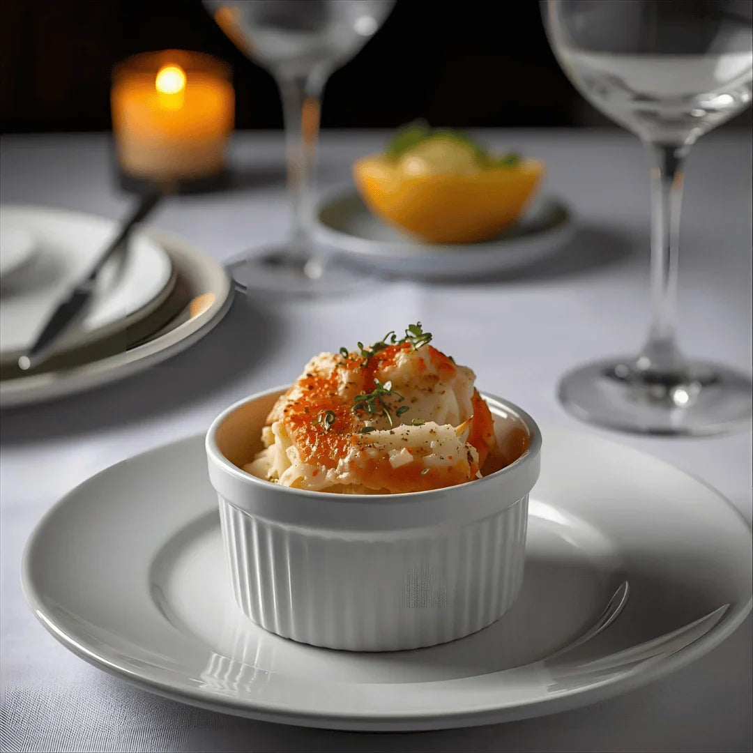 Lemon cayenne crab appetizer in white ramekin, garnished with herbs on elegant table