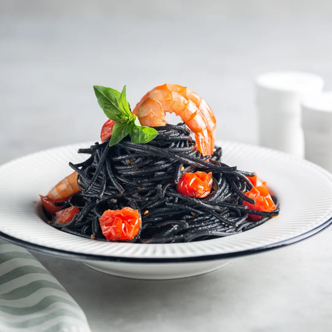 Squid Ink Pasta with Tomato and Prawns