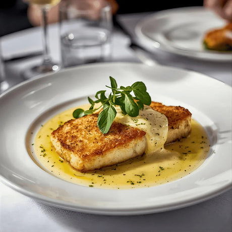Pan-roasted turbot fillet with creamy chive beurre blanc sauce, garnished with fresh herbs