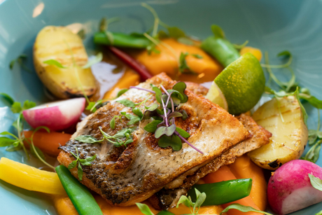 PAN-FRIED SEA BASS WITH BUTTER BRAISED RADISHES