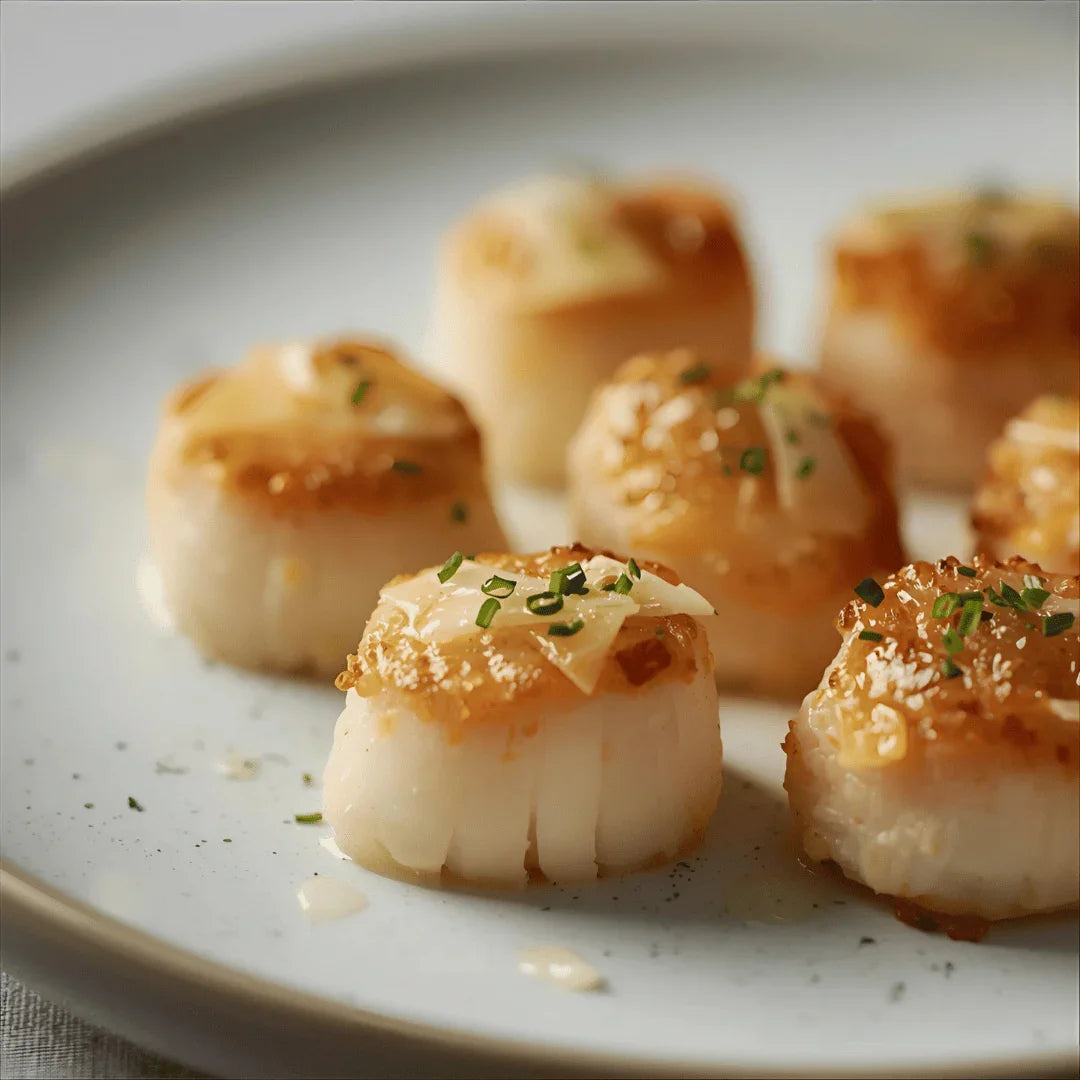 Seared scallops topped with parmesan cheese and chopped chives on a white plate