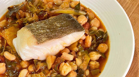 BBQ ROASTED COD PORTIONS WITH CHORIZO, BEAN AND CHICKPEA STEW - Fish For Thought