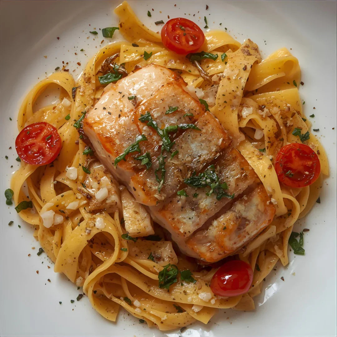 Red mullet fillet on saffron pappardelle pasta with cherry tomatoes and herbs