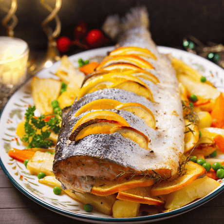 Stuffed Salmon Roast with Smoked Haddock, Prawns and Lemon-Butter Sauce