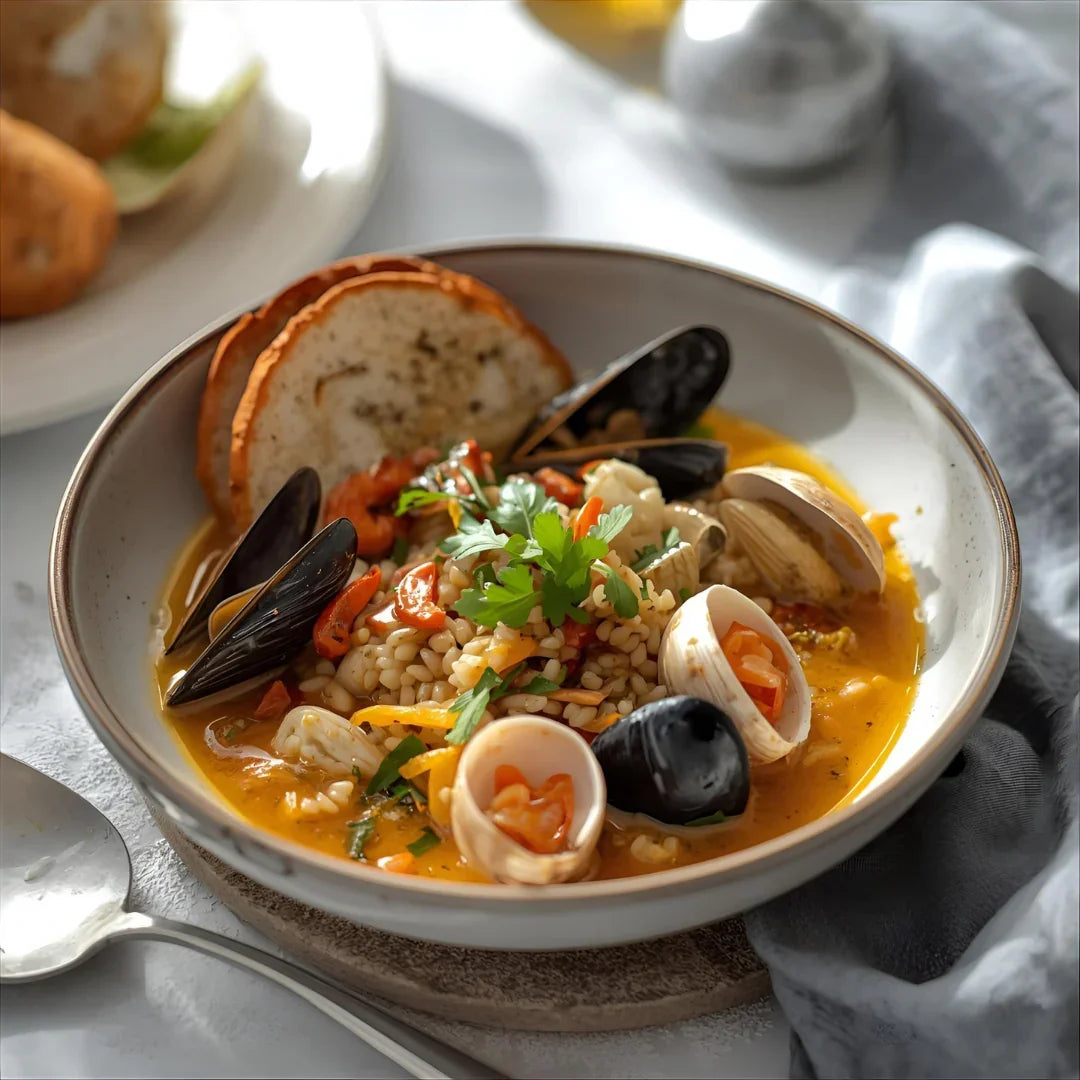 Seafood rice stew with mussels, clams, herbs, and bread in a white bowl