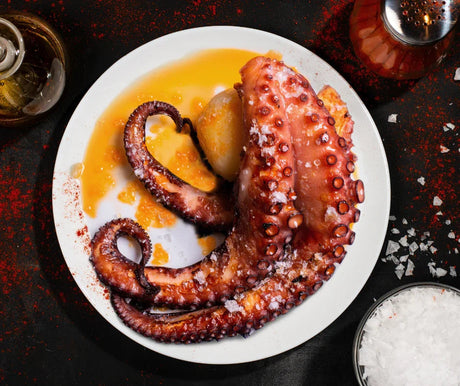 Spiced grilled octopus tentacle with sea salt and lemon on a white plate, seafood dish