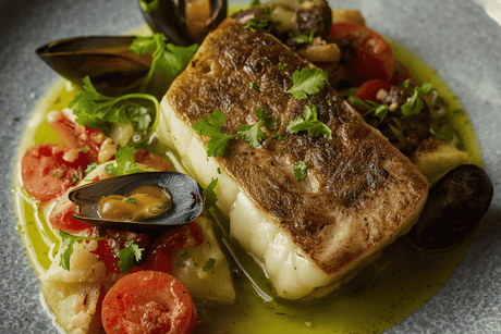 Steamed Brill with Mussels, Jersey Royal Potatoes and Parsley Oil
