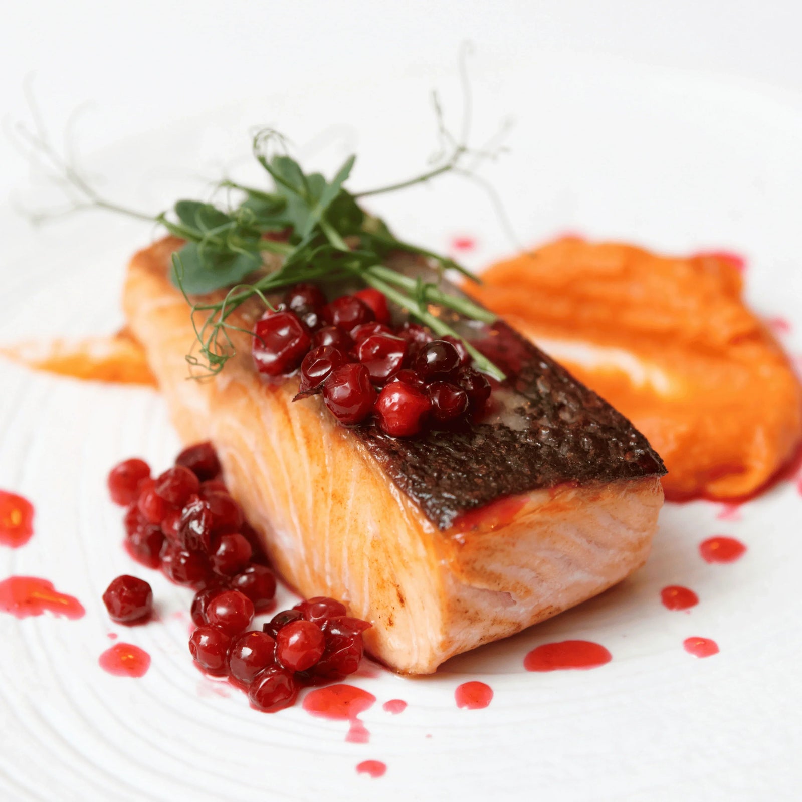 Sumac-crusted salmon fillet with red berries, microgreens, and orange puree on a white plate