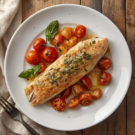 Thyme-roasted red mullet fillet served with cherry tomatoes and fresh basil on a white plate