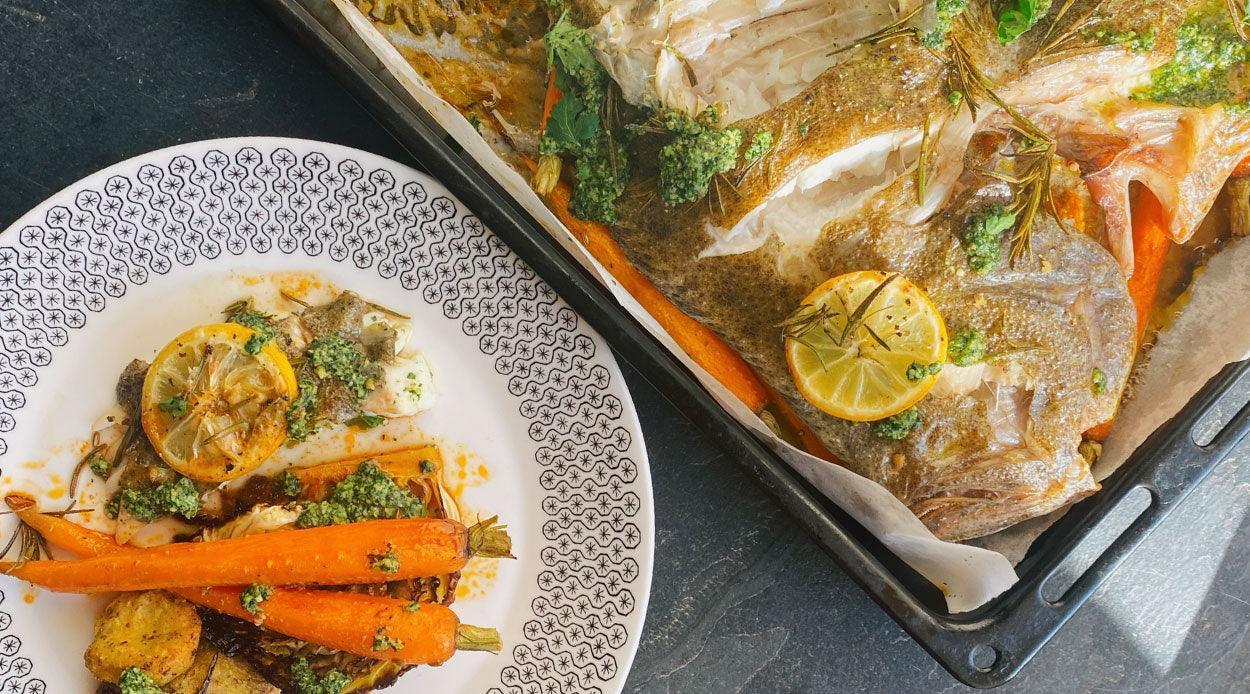 WHOLE ROASTED TURBOT WITH PUMPKIN SEED PARSLEY PESTO AND TRAYBAKED SAVOY CABBAGE & BABY CARROTS - Fish For Thought