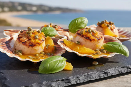 Seared BBQ scallops with orange slices, capers, and fresh basil served in scallop shells
