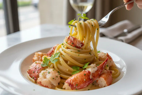 Linguine pasta with creamy sauce, lobster meat, and fresh herbs on a white plate