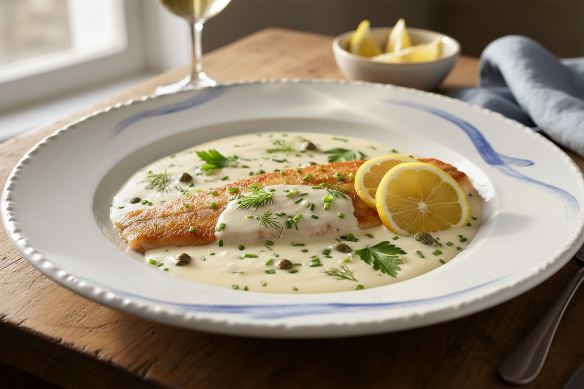 Megrim Sole with White Wine, Mushroom and Tarragon Cream Sauce