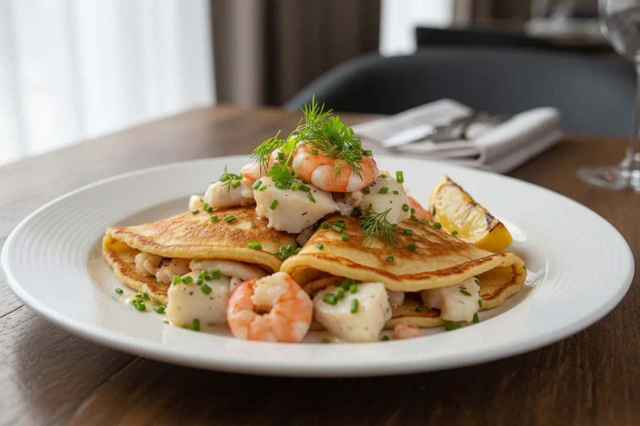 Golden pancakes filled with smoked haddock, prawns, fresh herbs and lemon wedge
