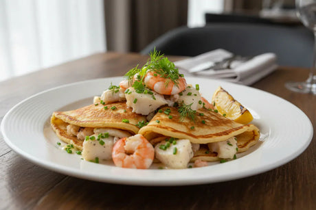 Golden pancakes filled with smoked haddock, prawns, fresh herbs and lemon wedge