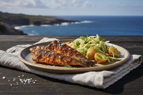 Grilled harissa sardines with fennel & potato salad
