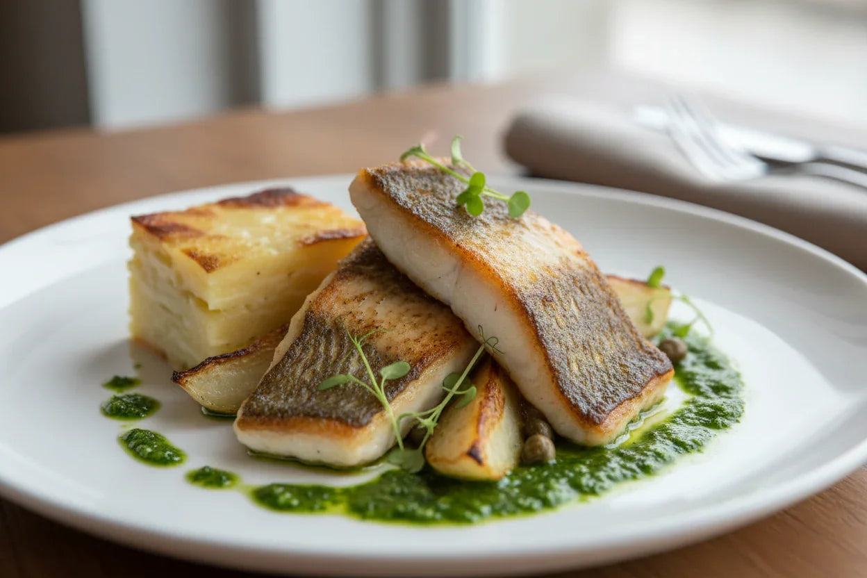 Pan-seared John Dory fillets with dauphinoise potatoes, salsa verde, and fresh herbs on plate