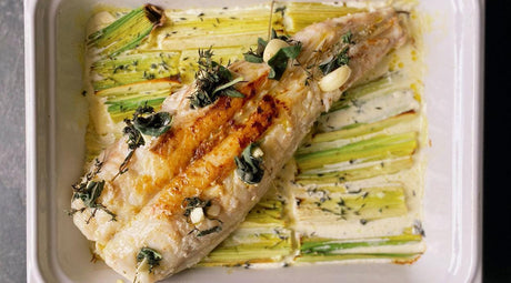 WHOLE ROASTED MONKFISH TAIL WITH ROASTED LEEKS & THYME - Fish For Thought