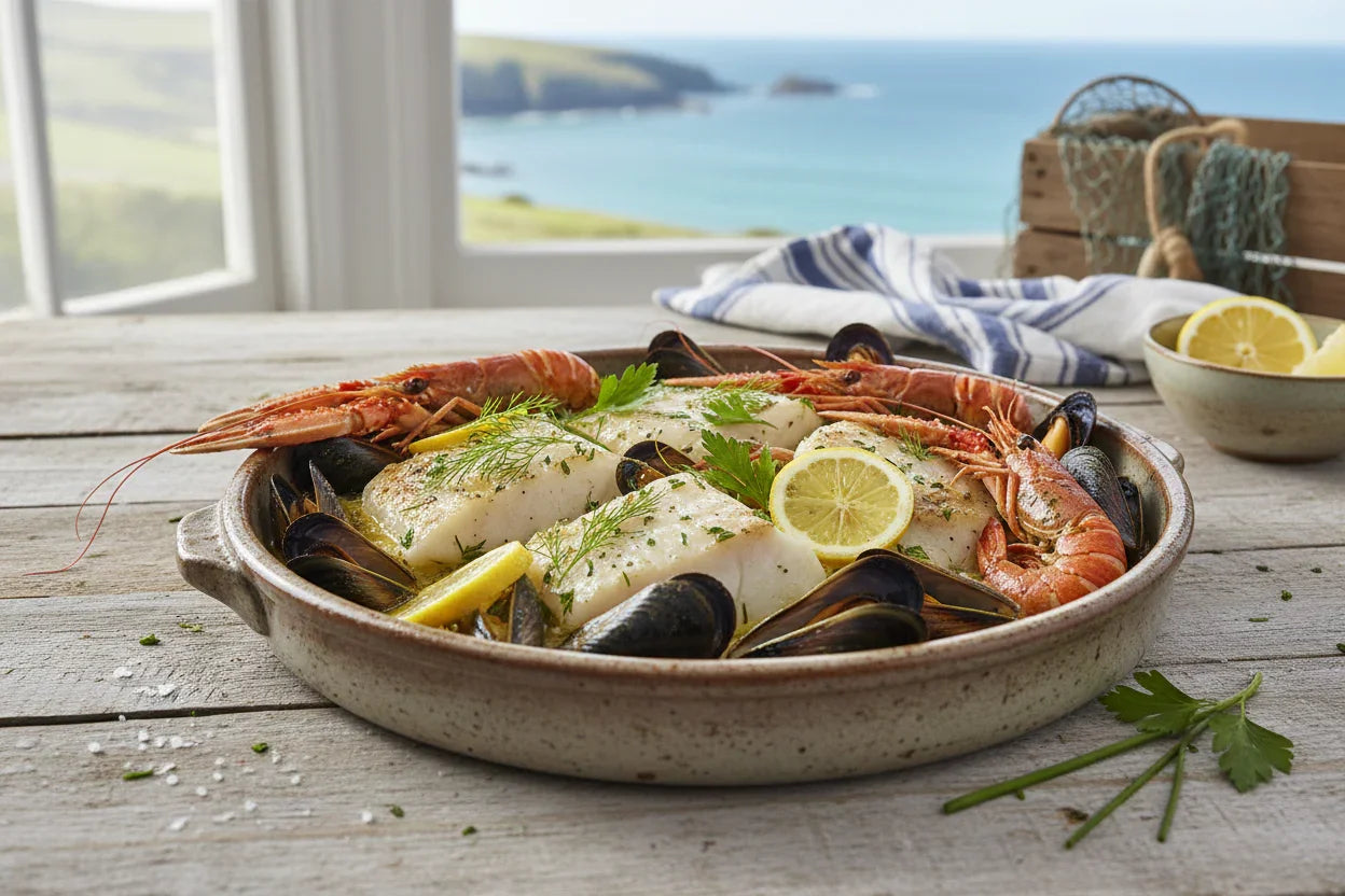 Baked John Dory, mussels, and langoustines with lemon and herbs in a rustic seaside setting.