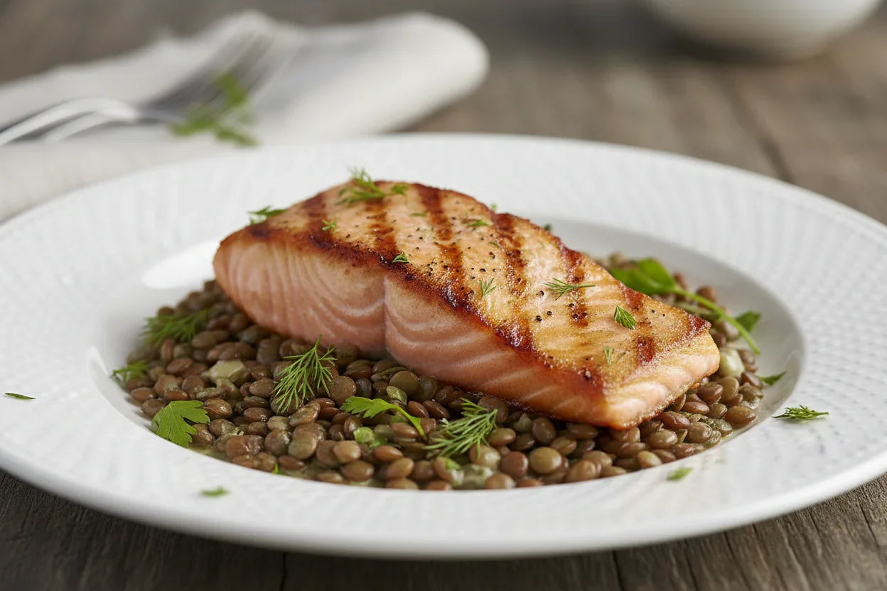 Pan-seared salmon fillet served on a bed of cooked lentils with fresh herbs