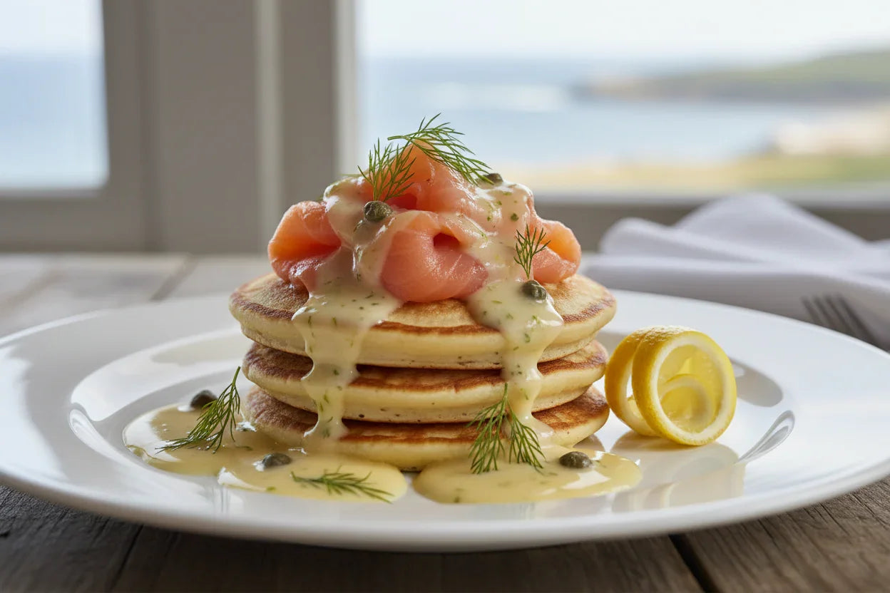 Smoked salmon pancakes with lemon cream sauce, capers, dill, and lemon garnish on a plate