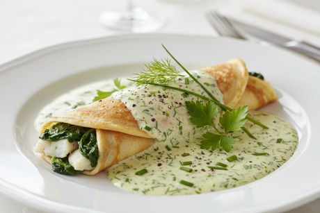 Spinach & Fish Pancakes in Herb Cream