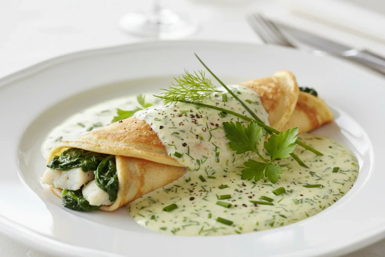 Spinach and fish pancake topped with creamy herb sauce, garnished with fresh herbs on white plate