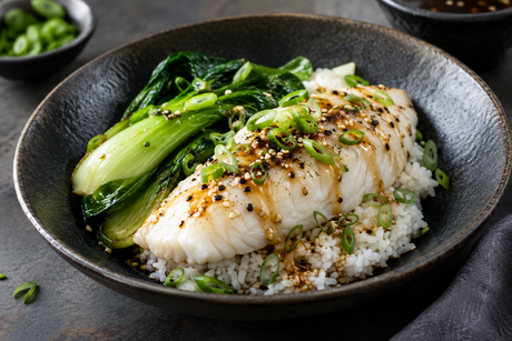 Steamed Haddock, Rice, Bok Choi and Fragrant Soy Dressing