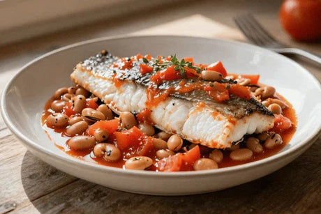 Steamed seabass fillet served on beans with tomato sauce in a white bowl