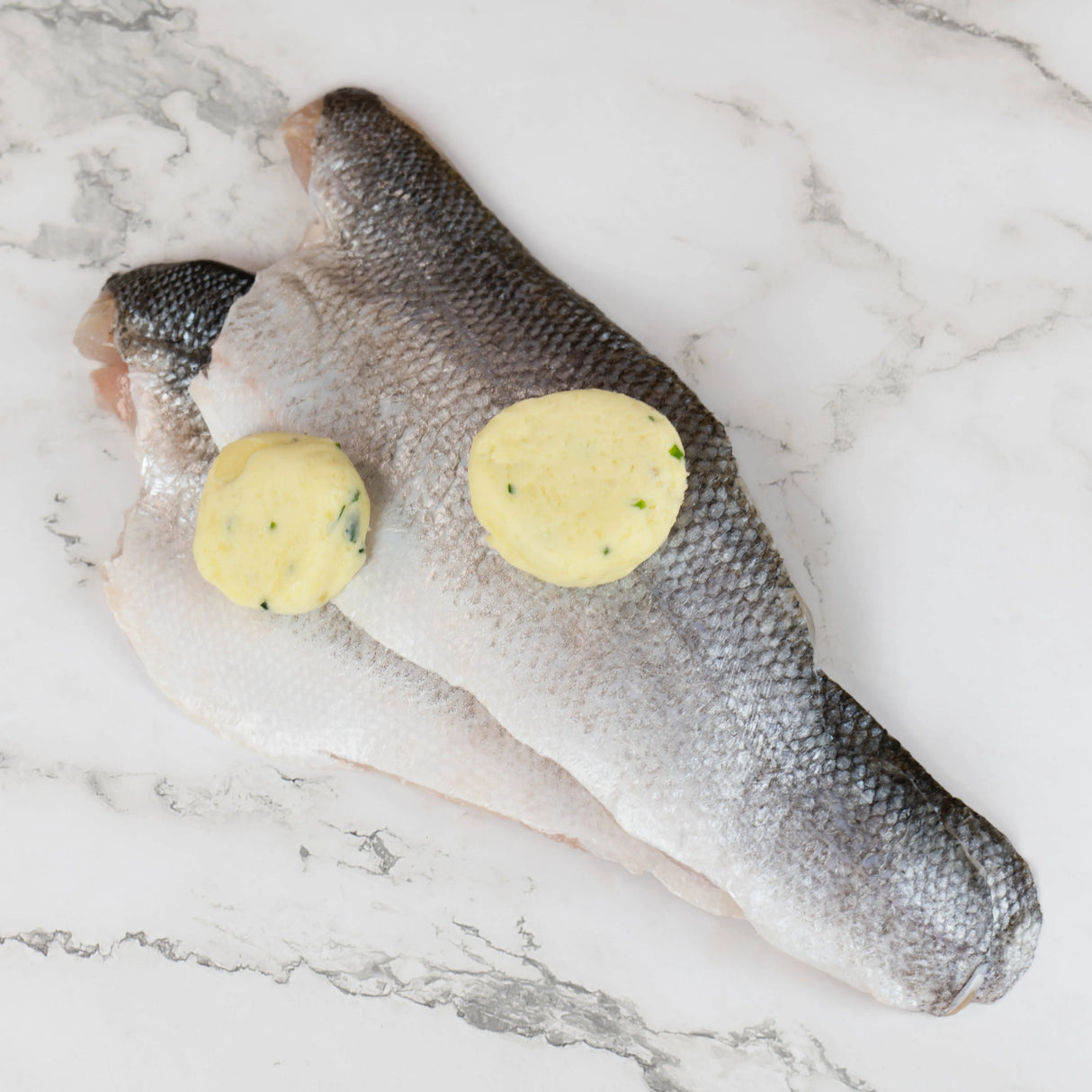 Sea Bass Portions with Garlic and Herb Butter (2 x 115g - 155g) - The Cornish Fishmonger